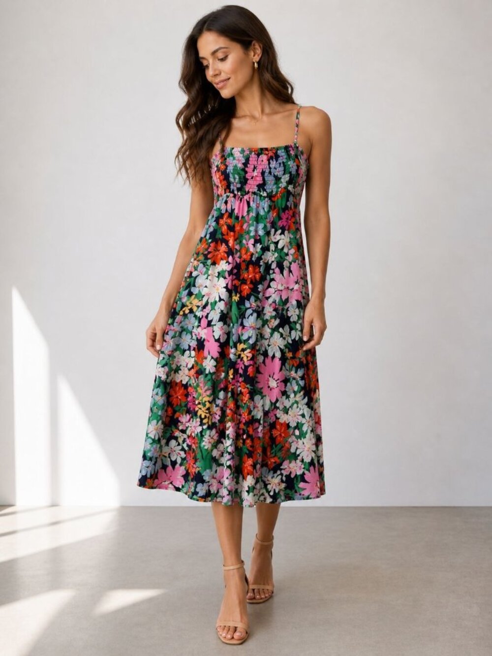 Old Navy Floral Midi Dress Womens M Sleeveless Smocked Bodice Pockets Flowy